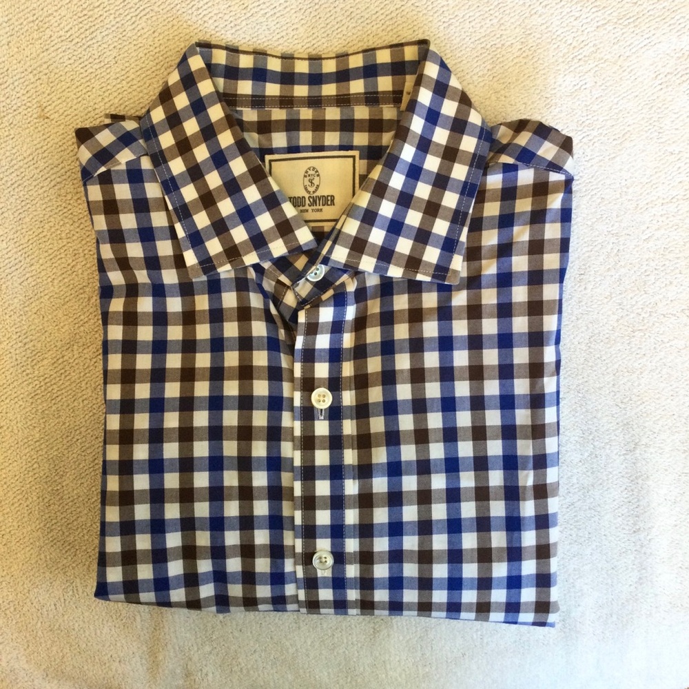 Todd Snyder Men's Blue and Brown Checkered Shirt